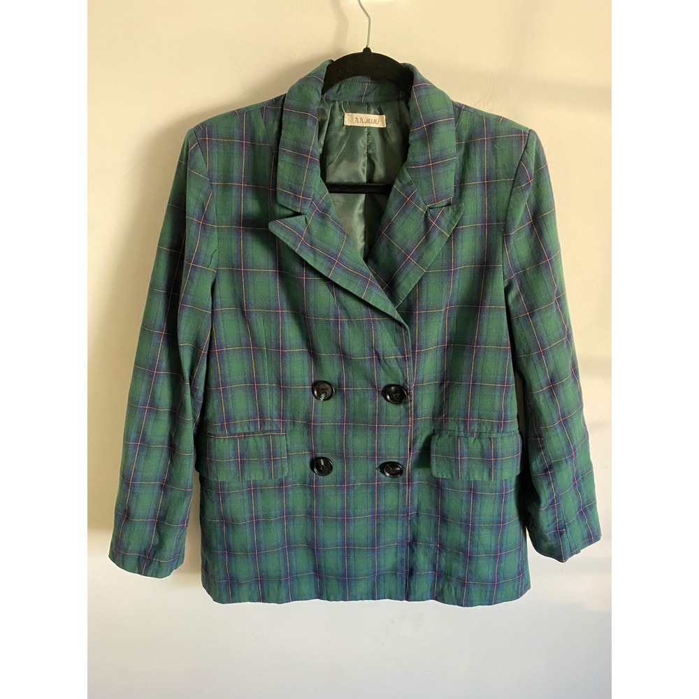 Green & Blue Plaid Double Breasted‎ Blazer